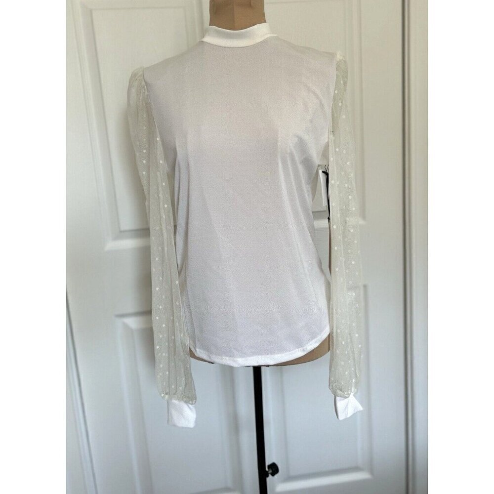 Halogen Top Ivory Mock Neck Mesh Clip Dot Long Sleeve Blouse Womens Size S
